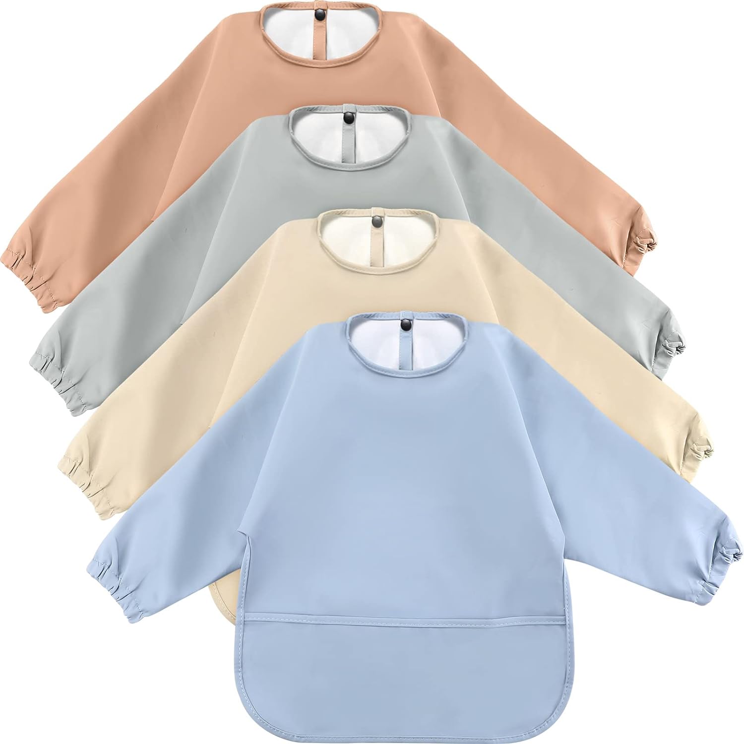 251104045138704_1 4 Pack Long Sleeve Baby Bibs Waterproof Long Sleeved Bib Baby Eating Smock Bib Feeding Baby Bib with Sleeves Baby Shirt Bib with Food Catcher Soft Art Smock Bibs for Babies Toddlers 6-36 Months - Image 1
